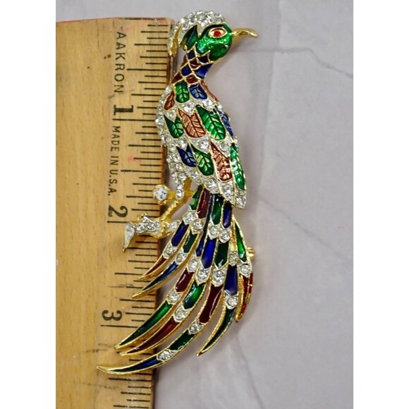 Peacock Bird Of Paradise Brooch Pin Colorful Enamel & Crystals Gold Tone LG 3" - Picture 7 of 10